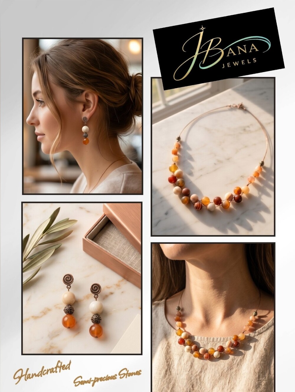 JBana Handcrafted Orange Agate Bead Necklace & Earring Set